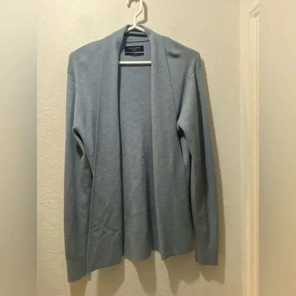 All Saints Women’s Medium Mode Merino Wool Open Front. Cardigan Jacket Gray